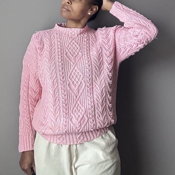 Vintage Express Hand Knitted Sweater Pom Pom Knit Mock Neck Pink Women’s Size M - Picture 3 of 12